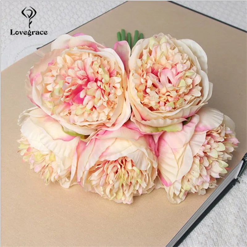 Fake Peonies Artificial Flowers Bouquet White Fake Peony Bridal Boquet Home Wedding Party Decor 5 Heads Silk Flore Peony Bouquet