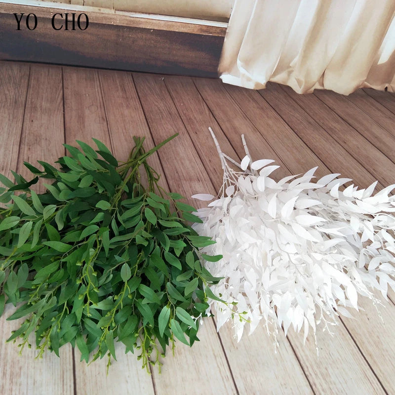 YO CHO Artificial White Flower Plant Wedding Bouquet Decoration Silk Flower Home Vase Decor Willow Leaf Green Grass Fake Flowers