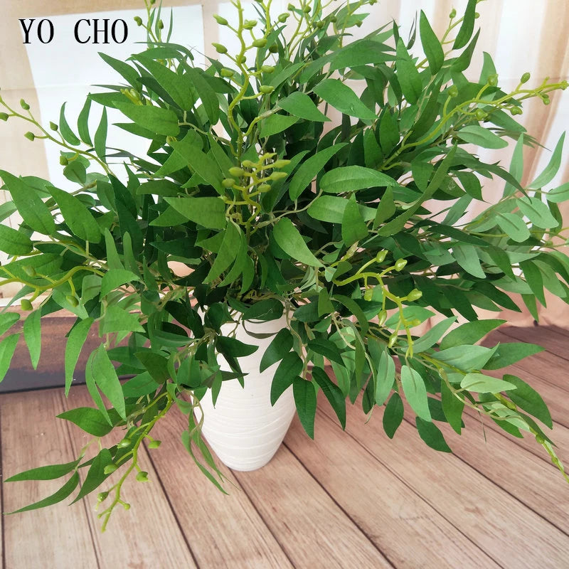 YO CHO Artificial White Flower Plant Wedding Bouquet Decoration Silk Flower Home Vase Decor Willow Leaf Green Grass Fake Flowers