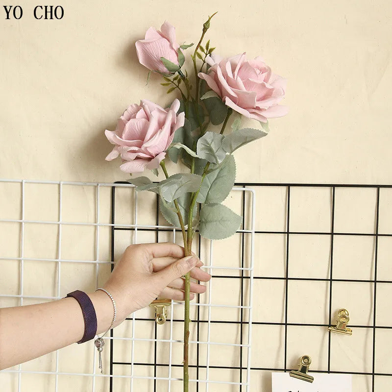 YO CHO Artificial Jasmine Snow Roses Branch Fake Silk Roses Flowers for Wedding Decoration Table Marriage Big Rose Flower Heads