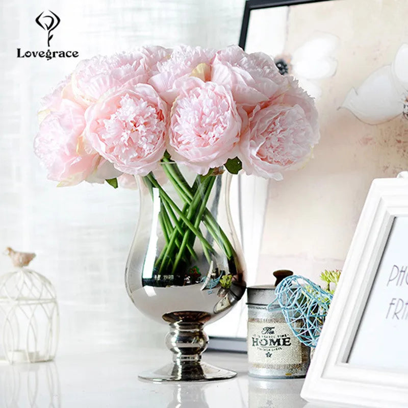 Fake Peonies Artificial Flowers Bouquet White Fake Peony Bridal Boquet Home Wedding Party Decor 5 Heads Silk Flore Peony Bouquet