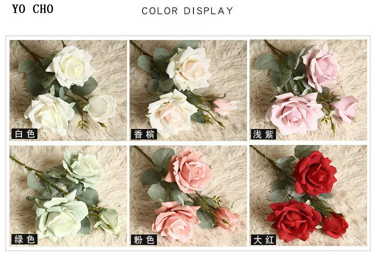 YO CHO Artificial Jasmine Snow Roses Branch Fake Silk Roses Flowers for Wedding Decoration Table Marriage Big Rose Flower Heads