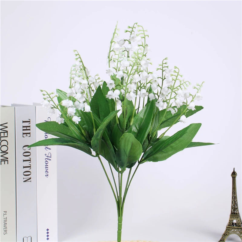 7 Branch White Artificial Lily of the Valley Flower Gift Silk Fake Flower Lily Bouquet for Home Office Wedding Party Decor Flore