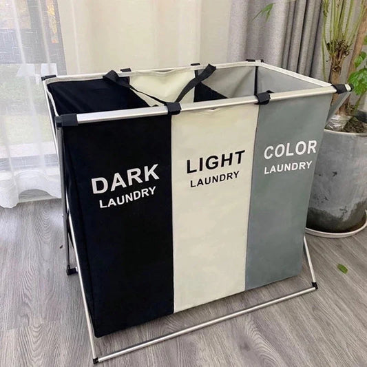 Foldable Three-Compartment Household Laundry Basket Waterproof Large-Capacity Oxford Cloth Dirty Clothes Sorting Storage Bag