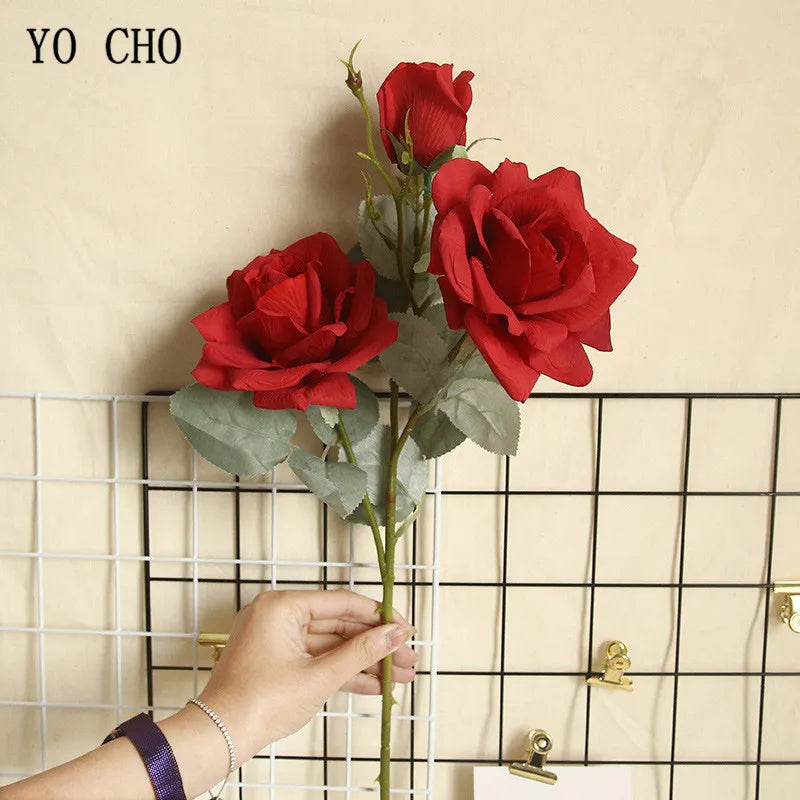 YO CHO Artificial Jasmine Snow Roses Branch Fake Silk Roses Flowers for Wedding Decoration Table Marriage Big Rose Flower Heads