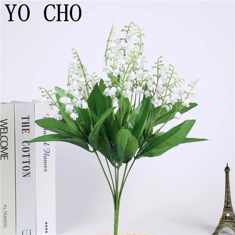 Artificial Flowers Lily of the Valley 7 Branches Fake Plastic Lily Flower Bridal Bouquet Wedding Party Decor Flores Artificiales