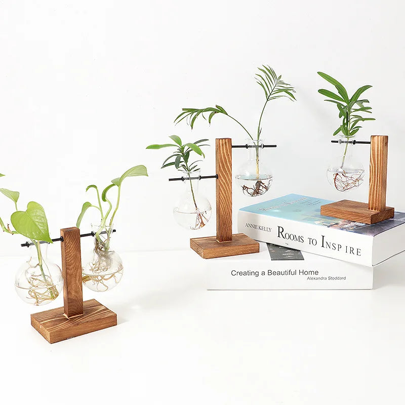 Wooden frame hydroponic vase, green ivy glass vase container, office desk, green plant decoration, flower pot