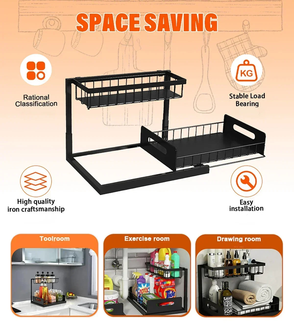 Kitchen 2 Tier Under Sink Organizer Rack with Sliding Drawer Multi-purpose Bathroom Organizer Shelf for Kitchen Bathroom Storage