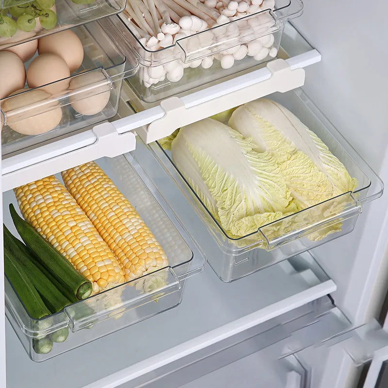 Refrigerator Drawer Style Food Storage Box, Fruit Packaging Machine, Shelf Support, Sliding Plastic Cooking Container
