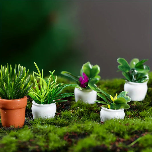 5pcs/set Artificial Mini Potted Plants, Tiny Miniature Fake Flower Pot Simulation Bonsai Decorative Grass Greenery in Pots For m