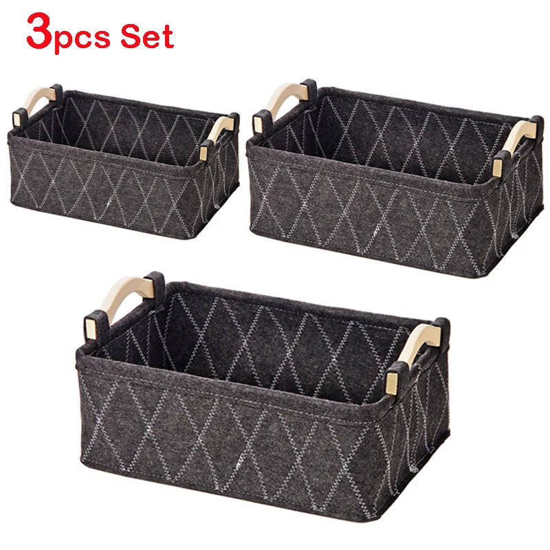 Felt Storage Basket Desk Organizer Toy Basket Storage Bins Makeup Organizer Basket Desktop Wooden Handle Storage Organizer Box