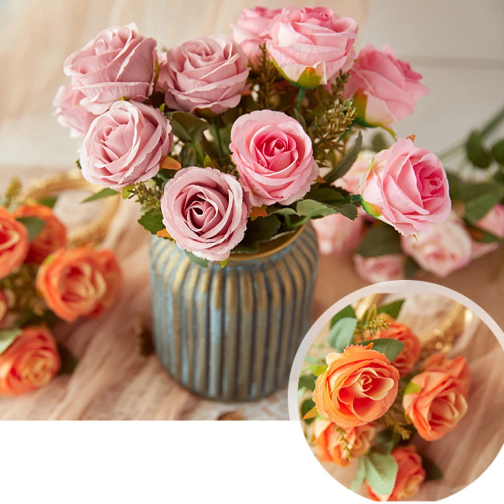 30cm Rose Pink Artificial Silk Flowers Bouquet for Cemetery 6-Heads Big Rose Peony Fake Flower for Wedding Home Table Decoration