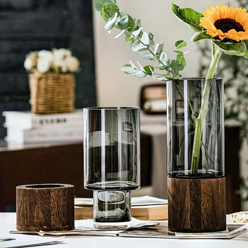 Perfect Elegant Glass Vase - Wooden Base, Ideal for Living Room & Dining Decor, Gift for Friends and Family