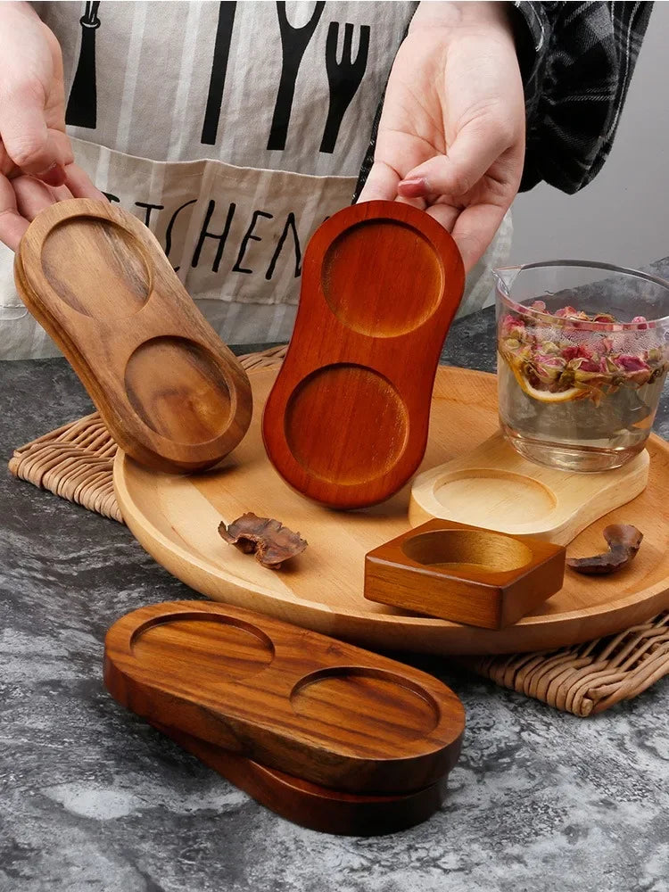 Wood Pepper Mill Tray Bamboo Salt Pepper Shaker Stand Tray Double Hole Base Tea Tray Home Decor Seasoning Bottle Storage Holder