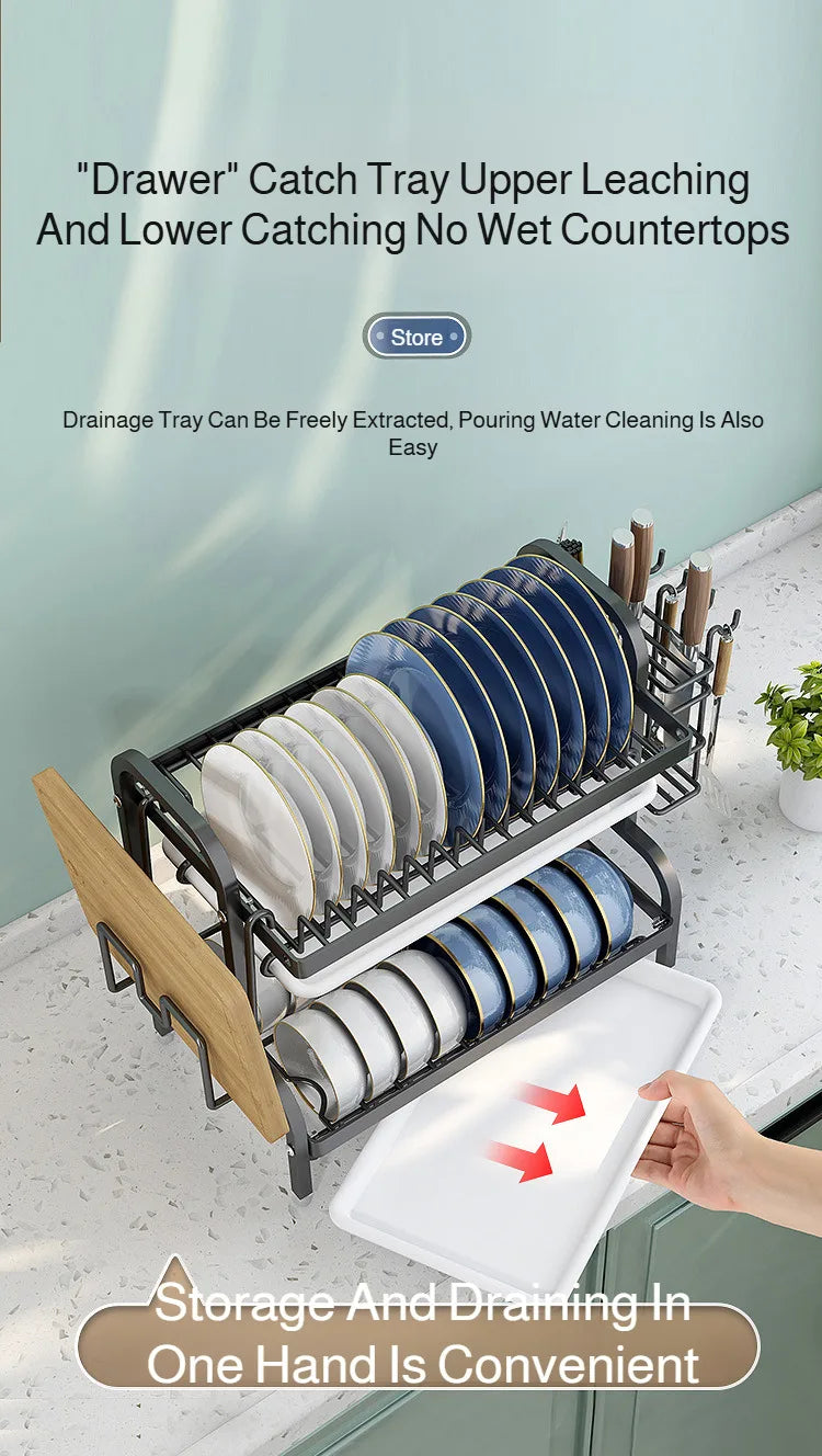 【Multi-Functional Kitchen Storage Rack】Dish Plate Organizer with Drainage Rack Countertop Utensil Holder for Chopsticks &