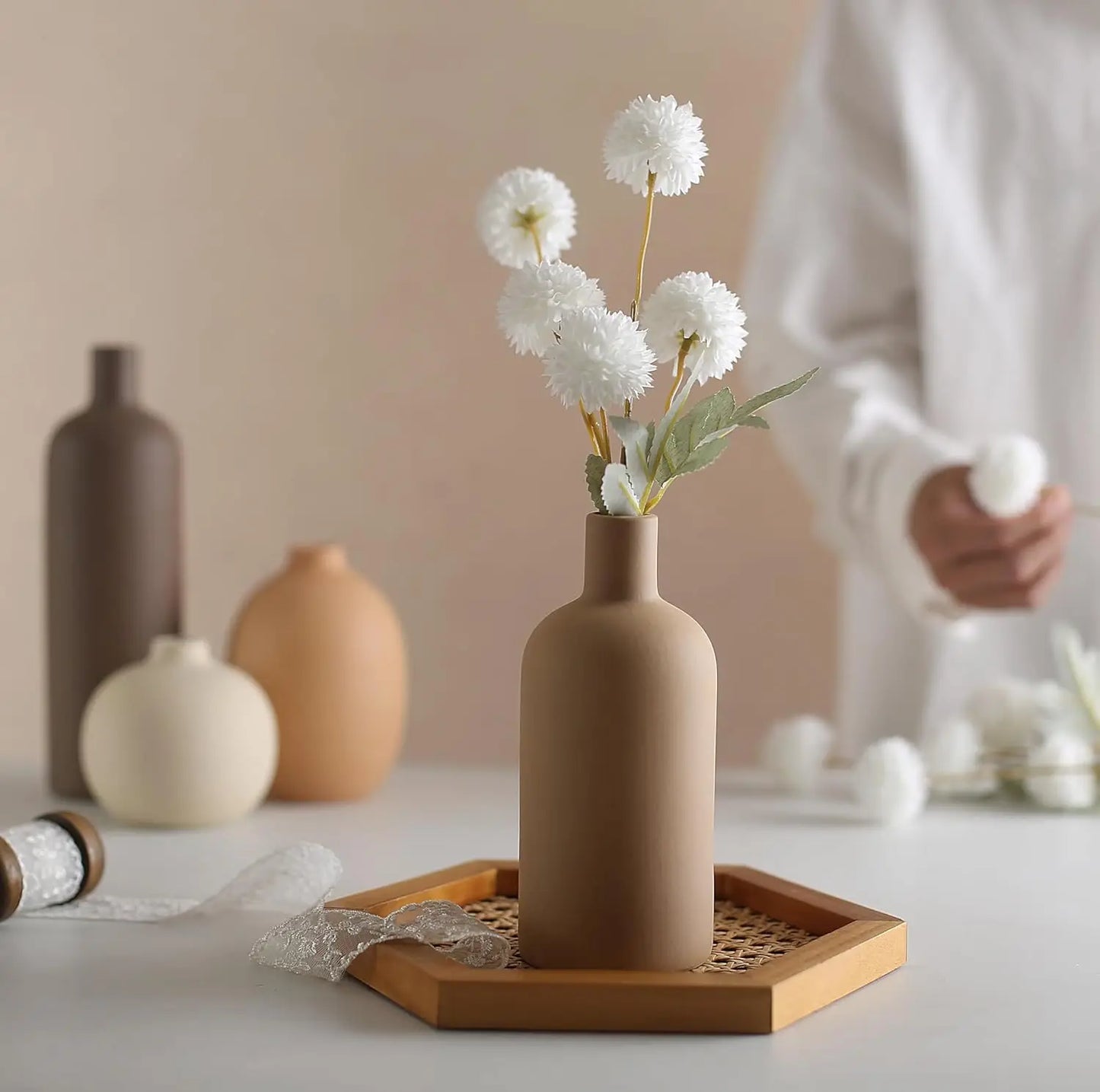 Ceramic Neutral Vase Set for Farmhouse Home Decor, Rustic Decorative Vases for Boho Living Room Centerpieces, Entryway Decoratio