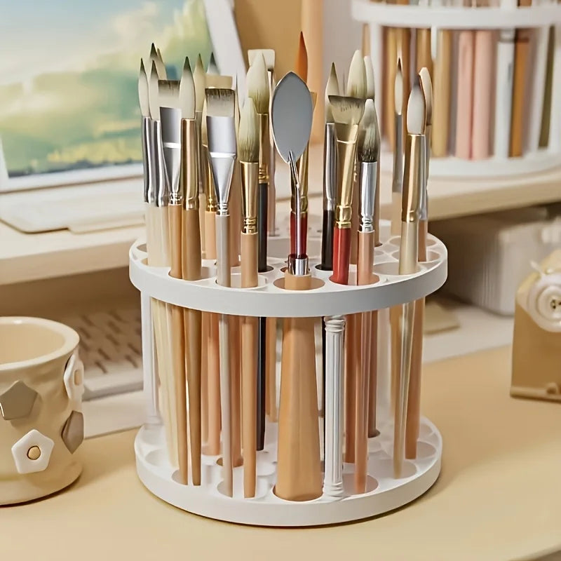 360° Rotating Brush Holder - Sleek White Plastic Organizer for Art Brushes, Space-Saving Desktop Accessory with Glazed Finish