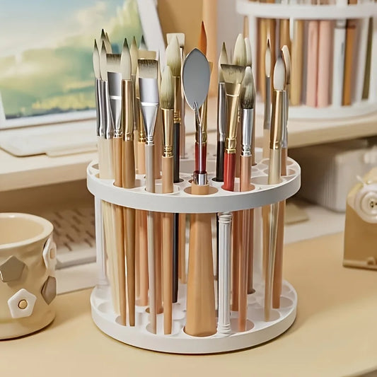 360° Rotating Brush Holder - Sleek White Plastic Organizer for Art Brushes, Space-Saving Desktop Accessory with Glazed Finish