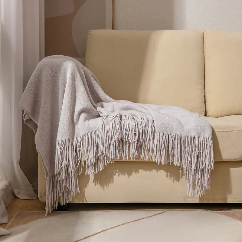 Nordic Knitted Tassels Fringe Blankets Lightweight Throw Solid Blanket Cozy Farmhouse Gift All Season Comfort For Home Travel