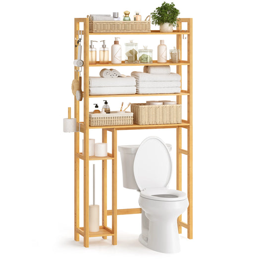 SONGMICS Over The Toilet Storage Shelf with Toilet Paper Holder, Bamboo Bathroom Organizer with Adjustable Shelves