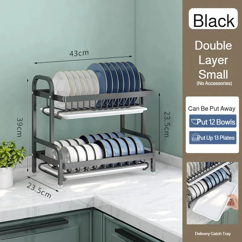 【Multi-Functional Kitchen Storage Rack】Dish Plate Organizer with Drainage Rack Countertop Utensil Holder for Chopsticks &