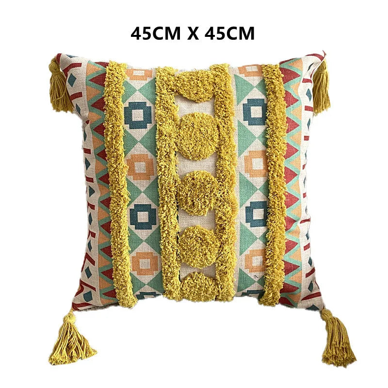 Boho Tufted Throw Pillow Cover with Handwoven Stripes Tribal Bohemian Cotton Hand Woven Tufted Square Cushion Covers JAF076