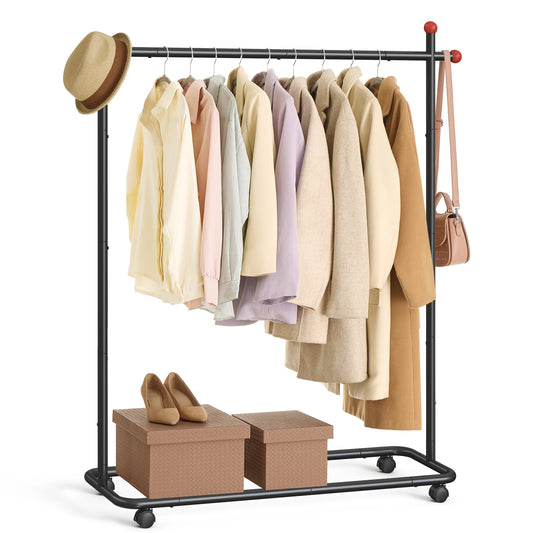 SONGMICS HOME Clothes Rack, Clothing Rack on Wheels, Portable Garment Rack, with 1 Clothes Hanging Rail, Matchstick-Shaped Hooks