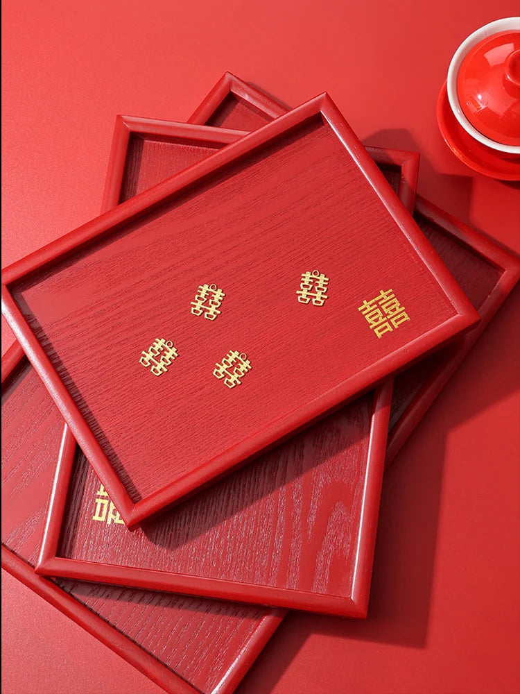 Chinese Red Solid Wood Tray Wedding Wedding Decorative Tray Home Dry Brew Tea Tray Wedding Supplies