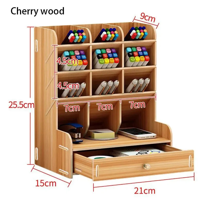 1pc Wooden Desk Organizer Student Stationery Storage Box For Cosmetics School Office And Home Large-Capacity Storage Pen Holder