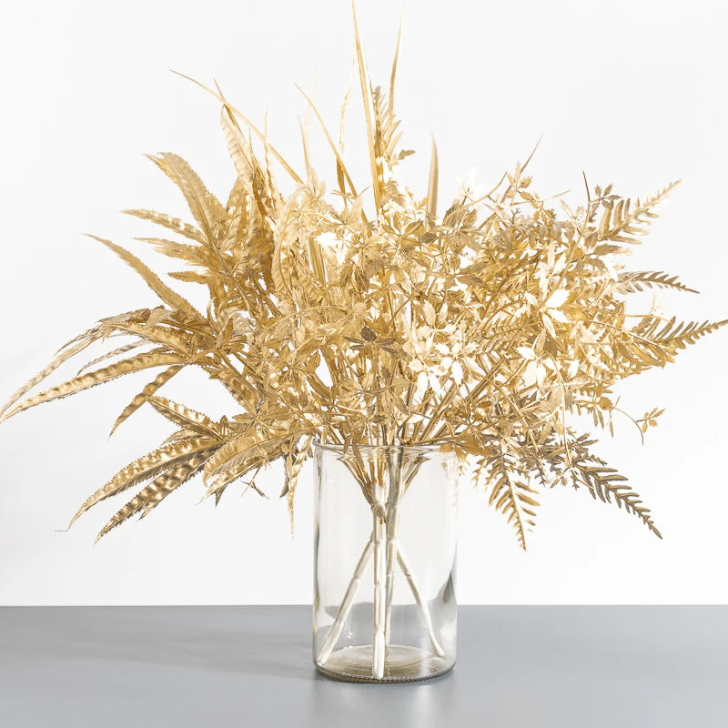 Artificial Plant Gold Fake Flower Plastic Grass Home Christmas Wedding Decorations Arrangement Faux Plant Party Vase Accessories