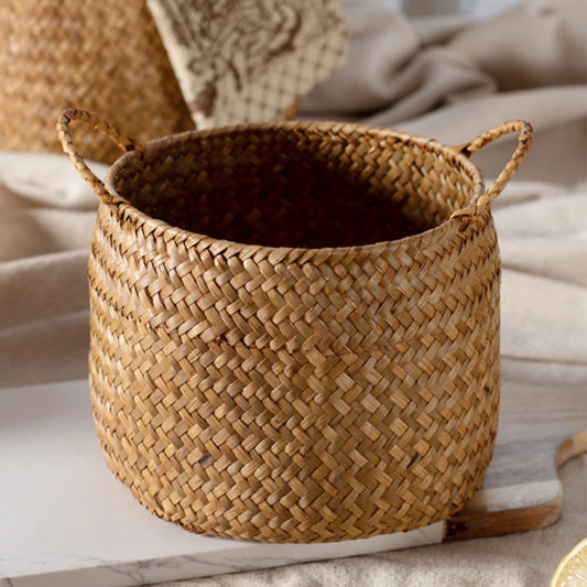 Storage Baskets Woven Sundries Small Japanese Flower Wicker Cute Organizers Brown with Handles Shopping