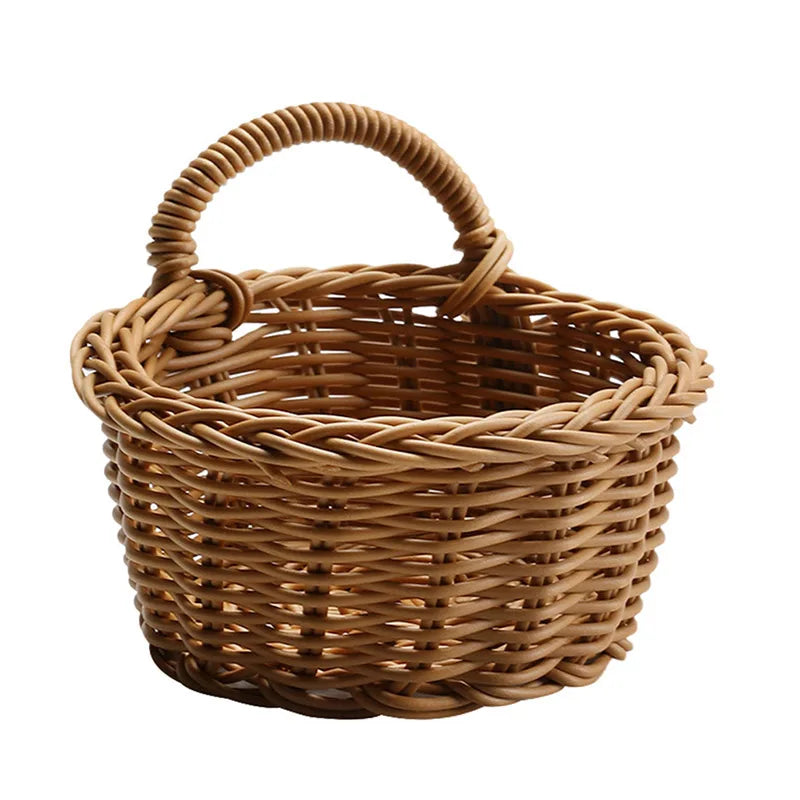 Kitchen Storage Rattan Basket with Handle Woven Hanging Baskets Minimalist Design Living Room Food Fruit Sundries Organizer  ﻿