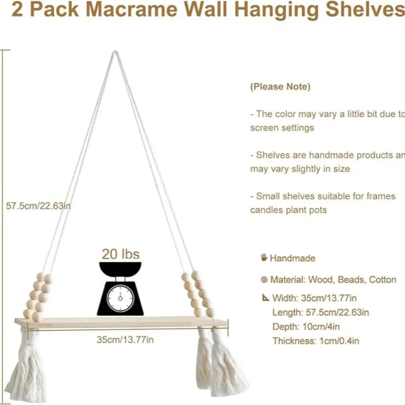 Wooden Macrame Wall Hanging Shelves - Boho Floating Shelves Macrame Plant Shelf Rustic Wall Decor for Bedroom Living Room Office
