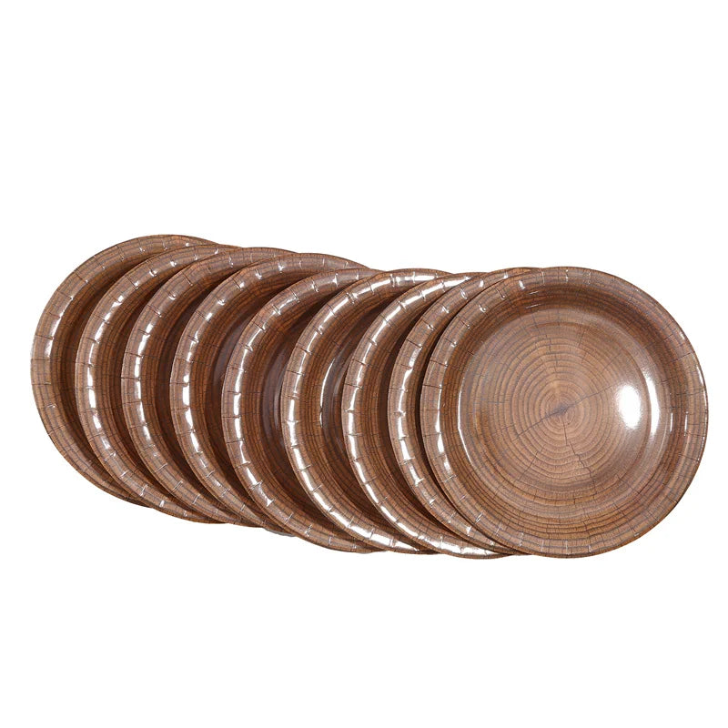 10Pcs 7/9-inch Retro Imitation Wood Grain Disposable Plate Paper Tray Birthday Party Holiday Decoration Household Tableware
