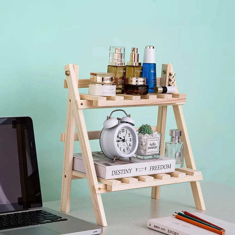 Desktop Storage Wooden Rack Double-Layer Simple Folding Corner Shelf Multifunctional Heavy-Duty Organizer Decoration Bedroom