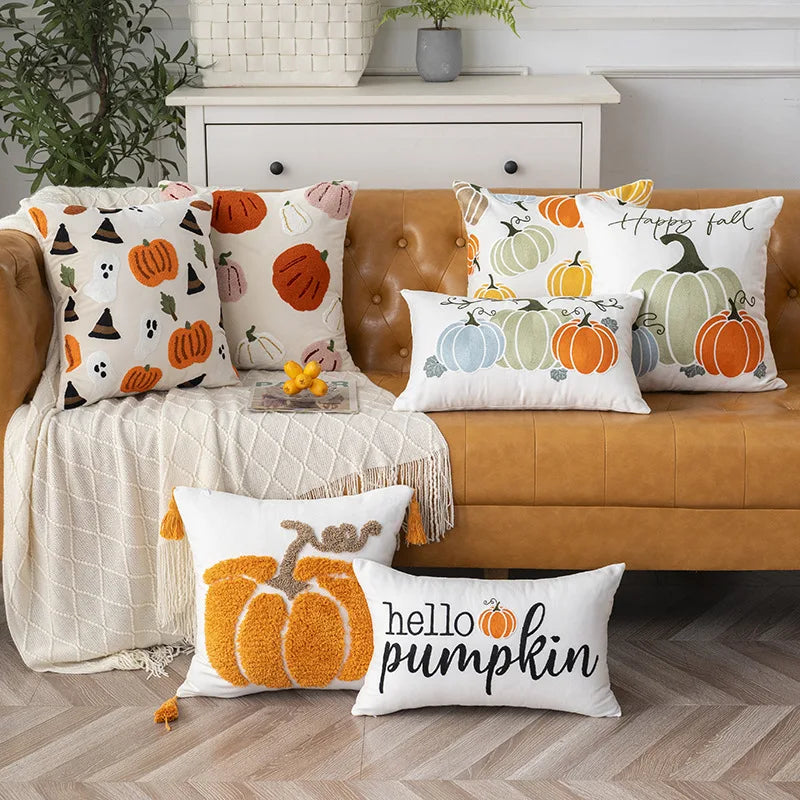 Towel Embroidery Pillow Cover Canvas Embroidered Halloween Pumpkin Cushion cover Pillow Autumn Office Throw Pillowcase