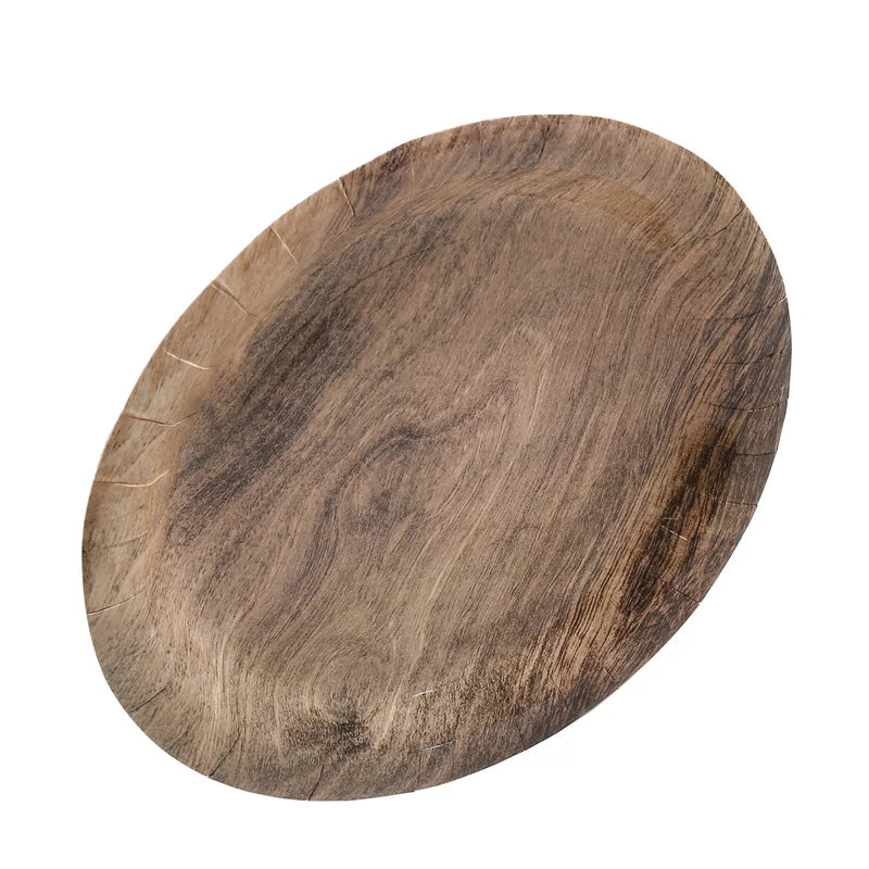 10Pcs 7/9-inch Retro Imitation Wood Grain Disposable Plate Paper Tray Birthday Party Holiday Decoration Household Tableware