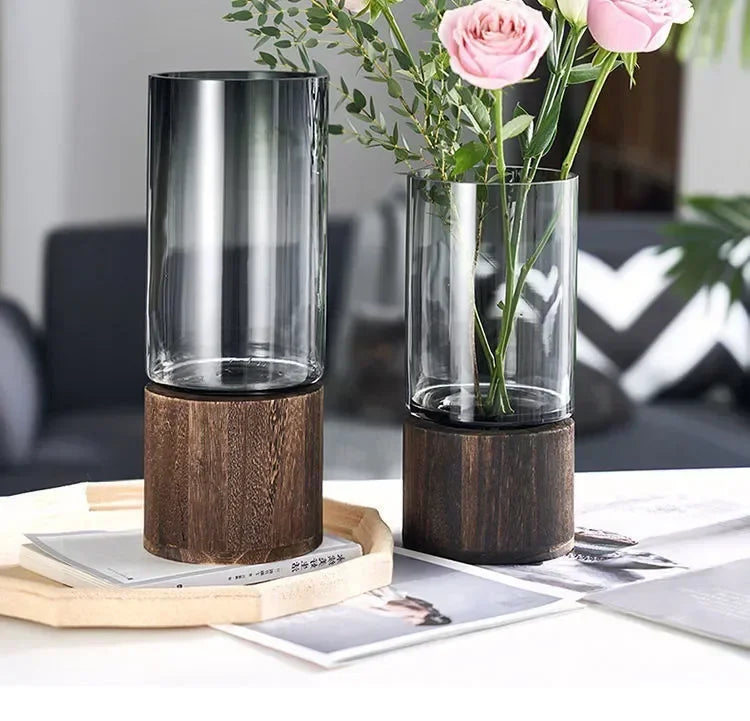 Vases Simple European hydroponic plant household living room table inserted flower wood base transparent glass vase Home Decor