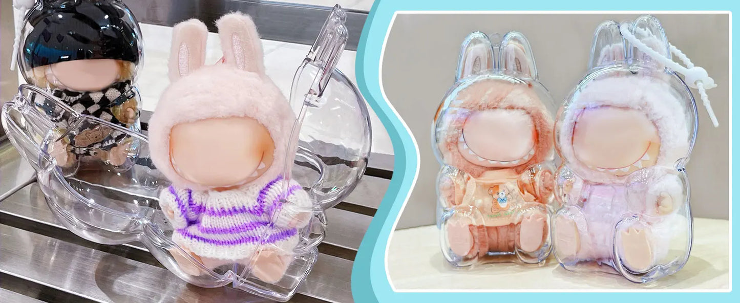 1-3 pcs Protective Case Cover for Labubu Doll V1 V2 V3,Plastic Acrylic Display Case for Standing and Seat Series with Keychain