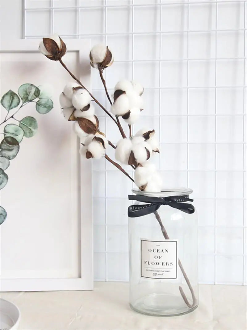 Artificial Dried Cotton Flowers White Flower Branch For Wedding Party Decoration Fake Flower Home Flower Decor Eucalyptus Leaves