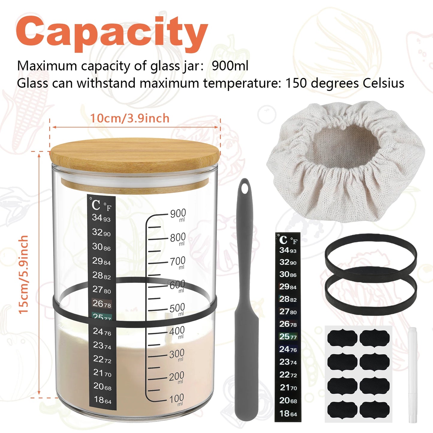 Sourdough Starter Jar 900ml Starter Container Clear Glass Jar Kitchen Sourdough Bread Baking Supplies Fermentation Food Storage