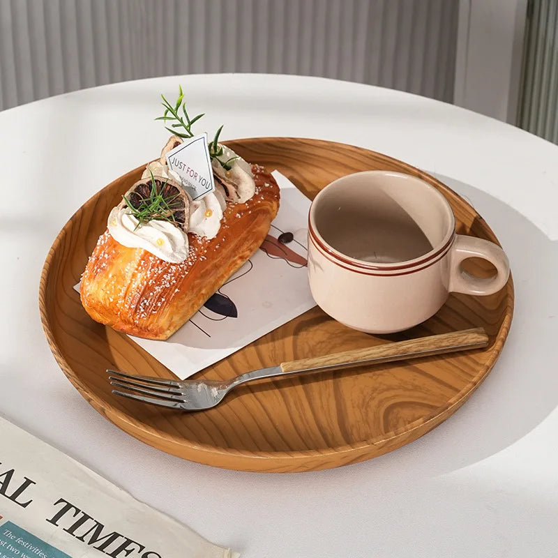 Wood grain tray for breakfast, premium cake, Japanese home coffee, dinner plate, tea tray, ins coffee shop round fruit tray