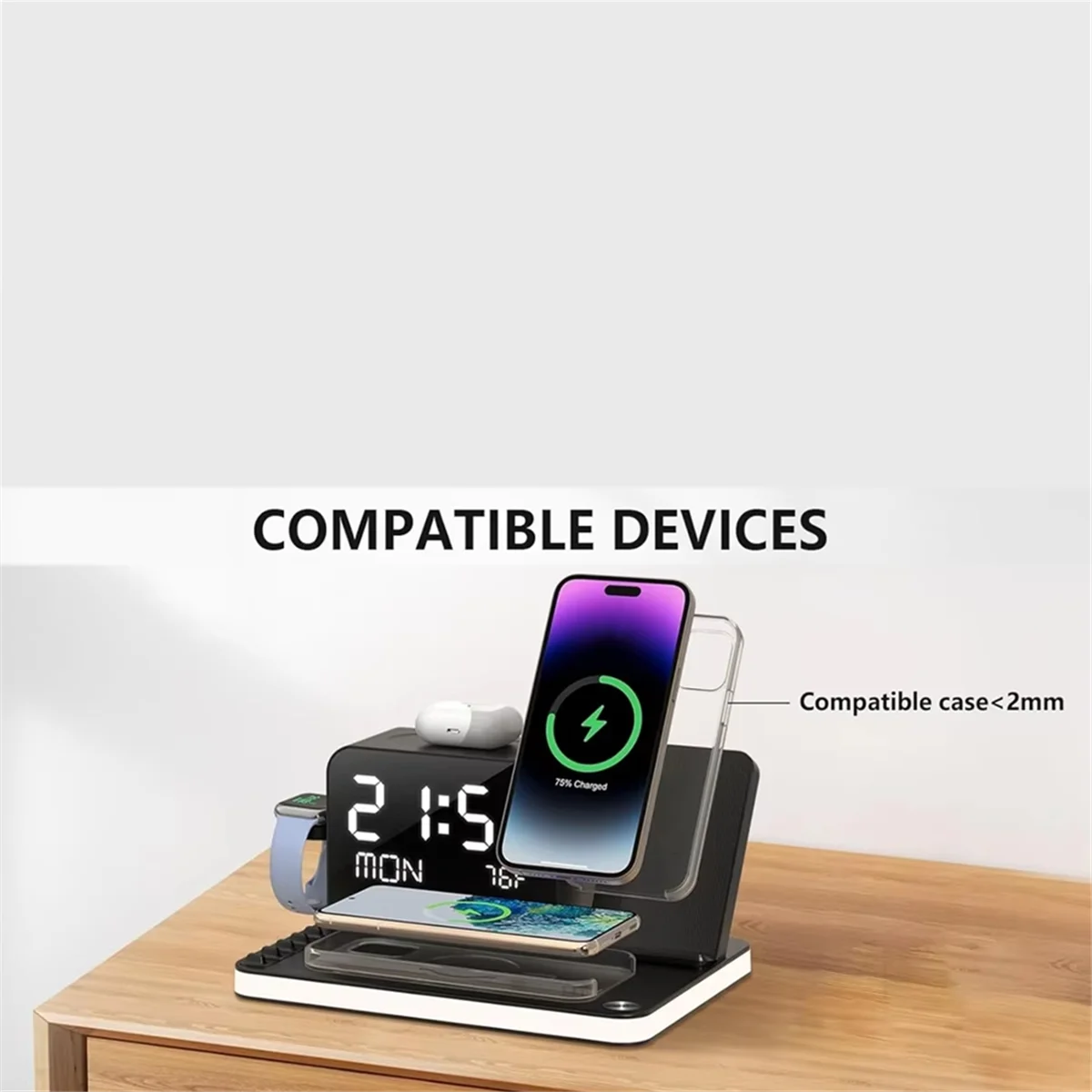 SEMOIC Wireless Charging Station 7 in 1 Fast Charger Stand with Clock Night Lights for Watches Smartphones