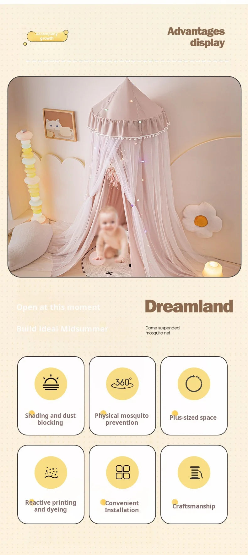 Dome bed curtain children's indoor light-proof bed curtain windproof bedside ceiling blackout double-layer mosquito net curtain