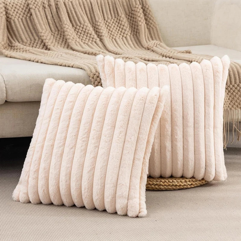 Pillow Cover Faux Rabbit Fur Square Cushion Big Thick Striped Super Soft Solid Color  45x45cm Sofa Decor Cushion Cover