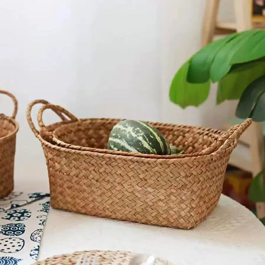 Woven Storage Basket for Fruits And Snacks, Double-Handled Rattan Basket for Organizing Miscellaneous Items, Shelf Baskets