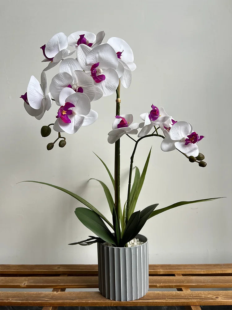 Phalaenopsis Potted Bonsai Fake Flower With Leaf Potted Plant Fake Orchid Flower Arrangement Living Room Indoor Decoration