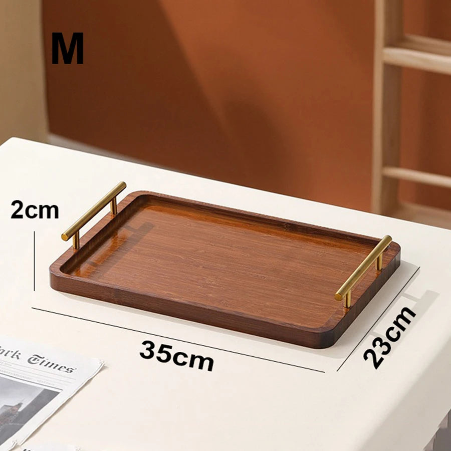 Wooden Rectangular Wooden Tray with Golden Metal Handle for Water Cup Fruit Food Bread Sundries Serving Tray Household Organizer