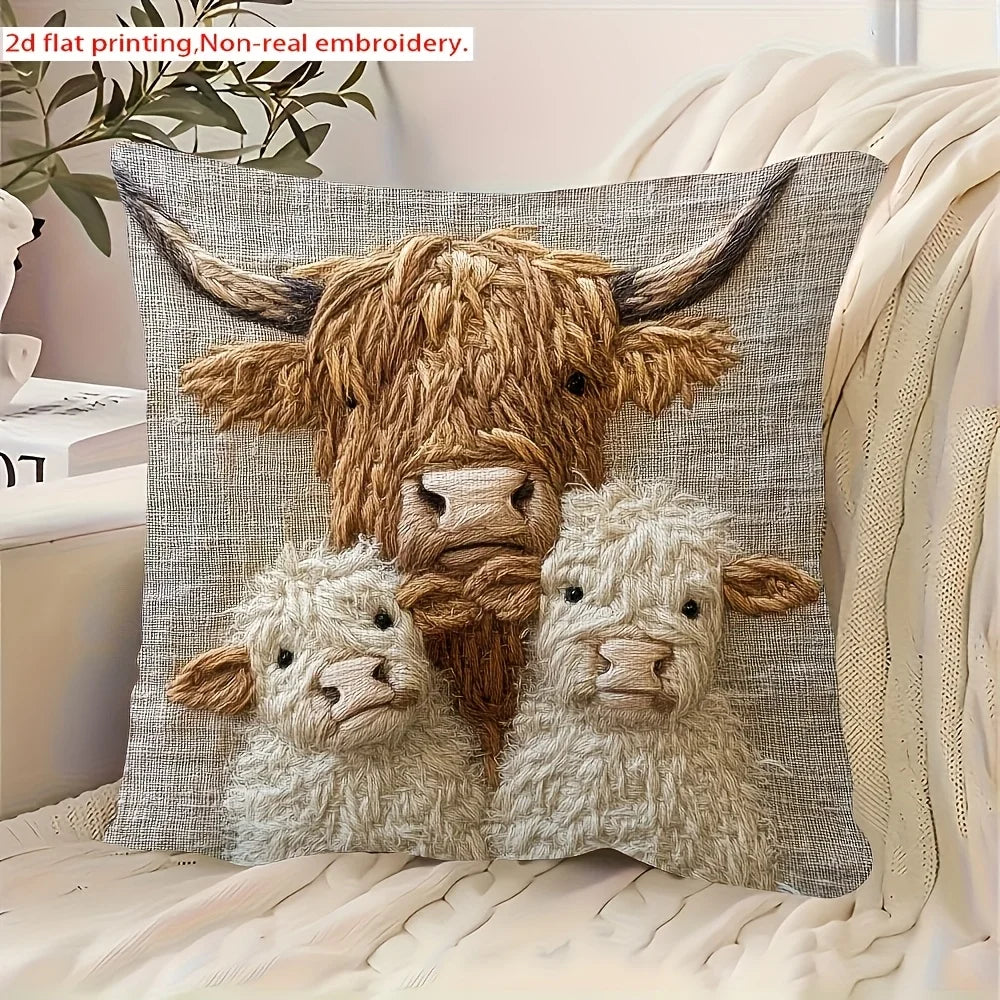 Highland Cow Family Design Pillow Cover-Soft Polyester,45cm x 45cm,Zipper Closure,Machine Washable (Pillow Insert Not Included)