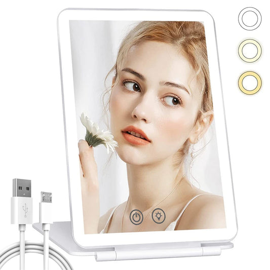 LED Makeup Mirror with Light Dimmable Cosmetic Mirror Folding Mirror for Travel Outwork Make-up Mirror Portable Vanity Mirror